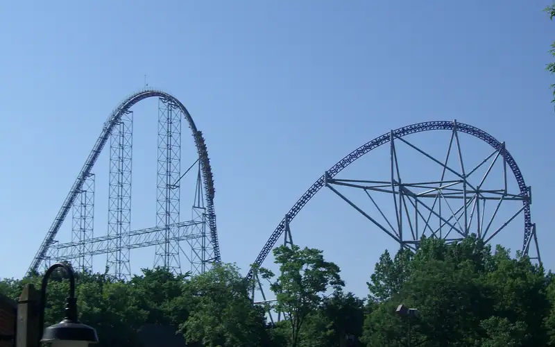Millennium Force roller coaster towering over the trees at Cedar Point